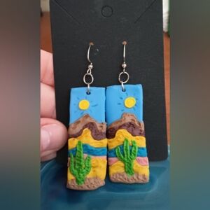 Sunny Desert with Cactus and Mountains Polymer Clay Earrings